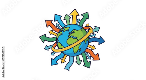 Global Interconnectivity with Arrows Emanating from Earth, Illustrating Worldwide Connections.