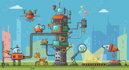 Futuristic Automated Factory with Robots and Drones Illustration.