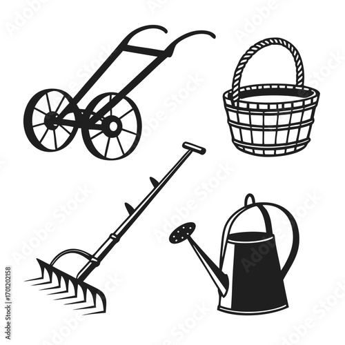 A collection of black and white silhouette illustrations of essential gardening tools including a wheelbarrow a rake a watering can and a basket on a white background