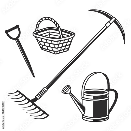A collection of black and white illustrations depicting essential gardening tools including a rake a shovel a watering can a pickaxe and a basket on a white background