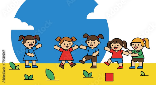 Group of happy children playing and having fun outdoors in the sunshine.