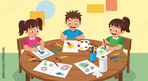 Group of Young Children Happily Painting and Drawing Together.