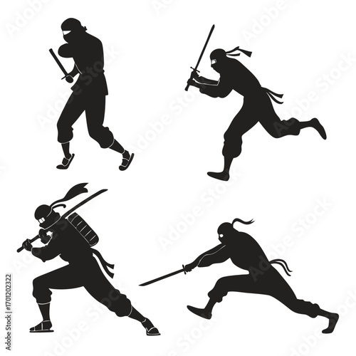 Four dynamic black silhouette illustrations of ninjas in action poses showcasing their martial arts skills and weaponry against a clean white background