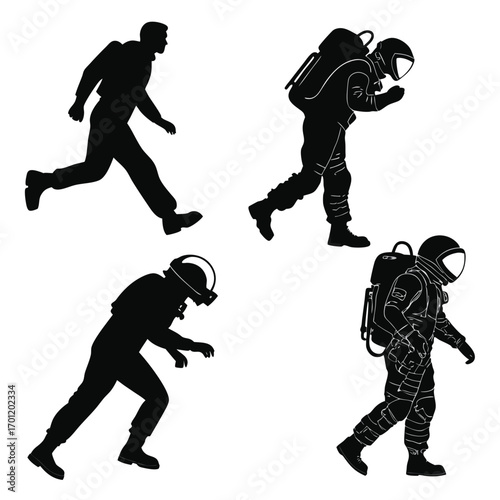 Silhouettes of astronauts in various dynamic poses including running and walking against a clean white background representing space exploration and adventure