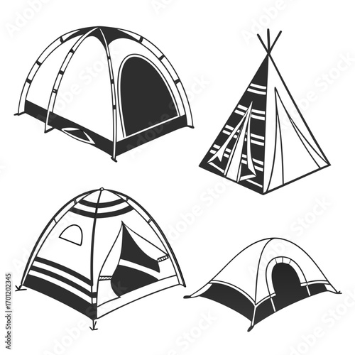 A collection of four hand drawn black and white illustrations of different types of camping tents including dome tents and a teepee style tent suitable for outdoor adventures and recreation