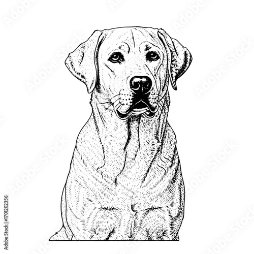 labrador retriever line art, engraving, hand drawn, vector illustration, isolated on white background