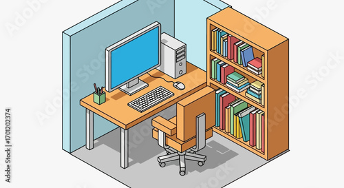 Isometric illustration of a home office workspace with computer.