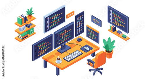 Isometric illustration of a programmers desk setup with multiple monitors.