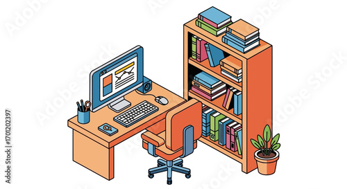 Isometric illustration of a home office with computer and bookshelf.