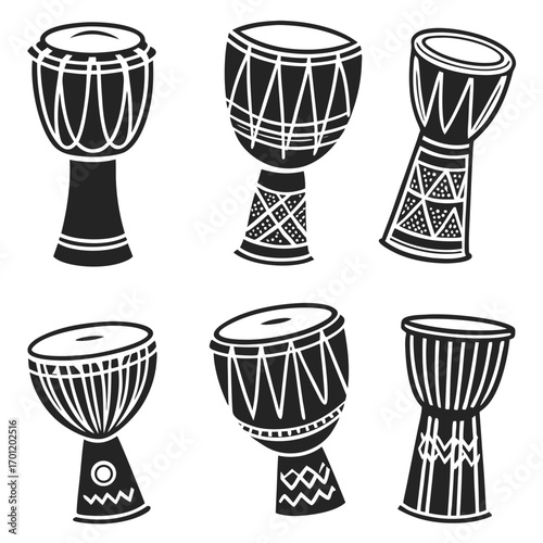 Collection of six black and white stylized djembe drums with intricate patterns and designs on a white background representing african music and culture