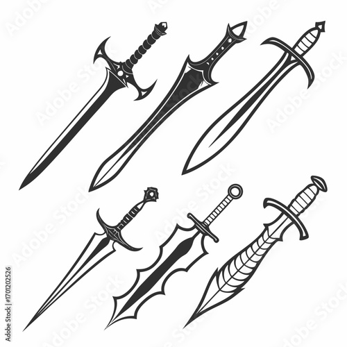Collection of six stylized fantasy swords and blades with intricate designs and sharp edges presented as black silhouettes on a white background