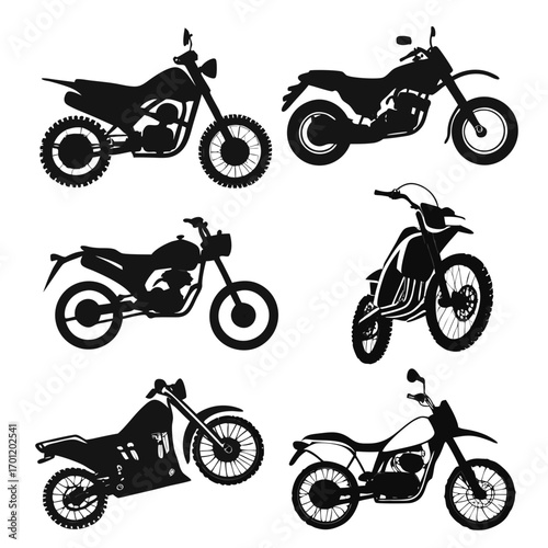 Collection of six black silhouette illustrations of various dirt bikes and motorcycles on a white background showcasing different models and styles