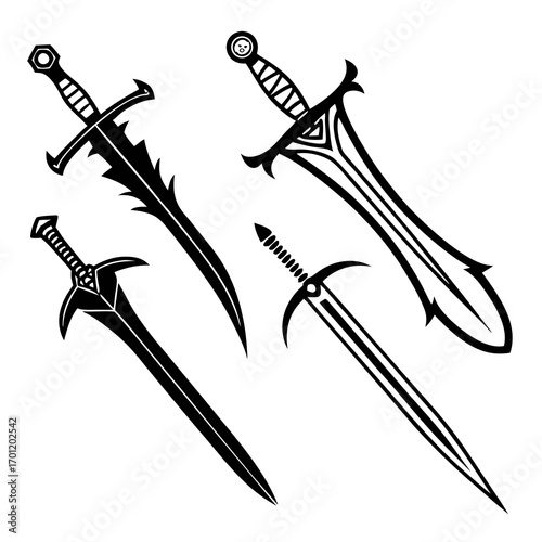 A collection of four distinct black and white vector illustrations of fantasy swords each with unique hilt and blade designs presented on a clean white background