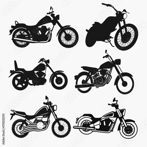 Collection of six diverse motorcycle silhouettes showcasing various styles from classic cruisers to dirt bikes against a clean white background
