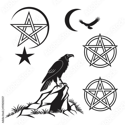 Mystical symbols collection featuring a raven perched on rocks pentagrams a crescent moon and a star against a white background