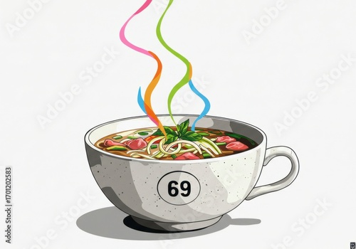 Stylized soup in a teacup showcases noodles, meat, and greens with vibrant colored steam effects.