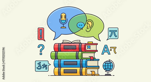 Language Learning and Communication Concept with Books and Icons.