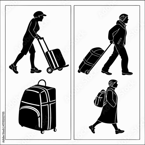 Diverse silhouettes of people traveling with luggage including rolling suitcases a duffel bag and backpacks depicted in a clean graphic style on a white background