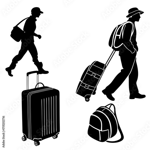Silhouettes of travelers with luggage including suitcases and backpacks representing journeys and transportation