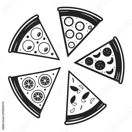 A circular arrangement of five different black and white pizza slices each with unique toppings creating a fun and graphic food illustration