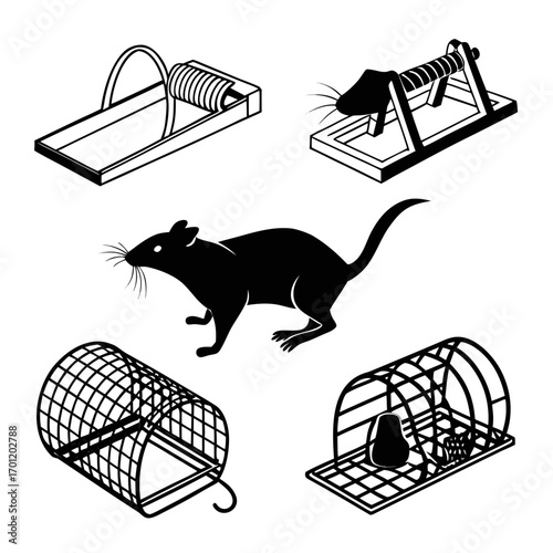 Collection of various rodent traps and a silhouette of a rat illustrating pest control methods and animal capture devices in a clean graphic style