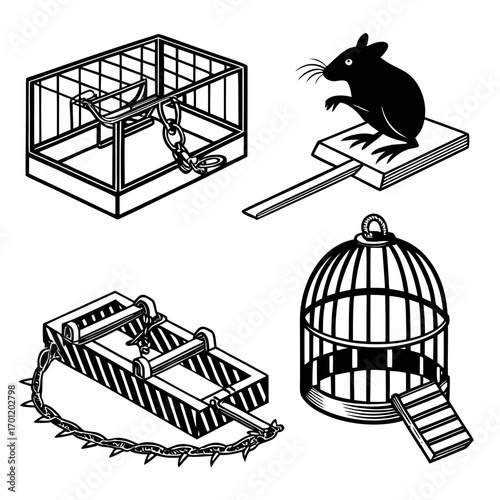 Collection of animal traps and cages including a live trap a spring trap a bird cage and a silhouette of a mouse on a trigger mechanism