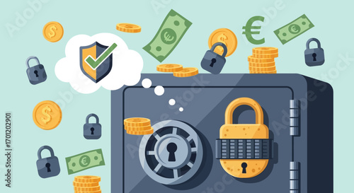 Secure Savings - Safe with Money, Padlocks, and Shield Protection.