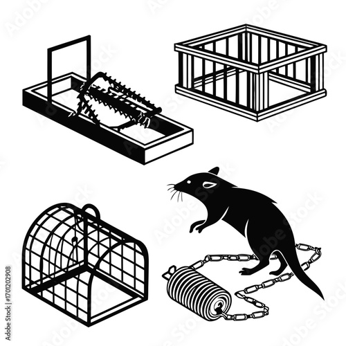 Collection of stylized black and white isometric illustrations depicting various rodent traps including a snap trap a cage trap and a spring loaded trap with a rat silhouette