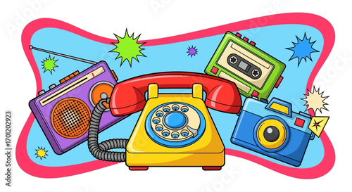 Retro telephone with cassette tape, boombox and camera.