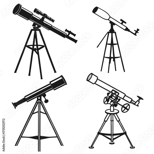 Collection of four black silhouette illustrations of telescopes on tripods showcasing different designs and styles for astronomical observation and exploration