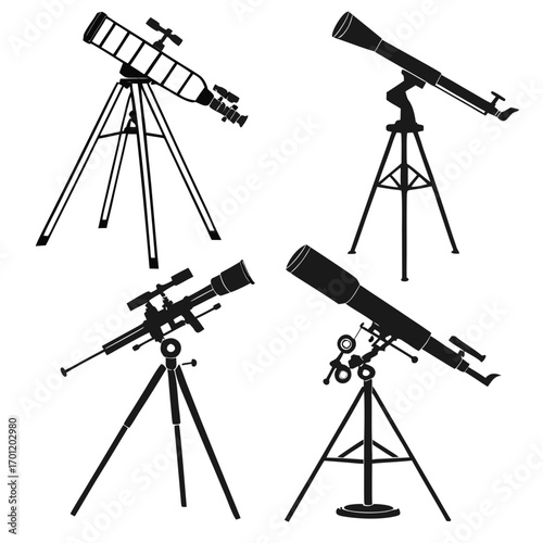 Collection of four black silhouette illustrations of different types of astronomical telescopes mounted on tripods isolated on a white background representing scientific exploration and stargazing
