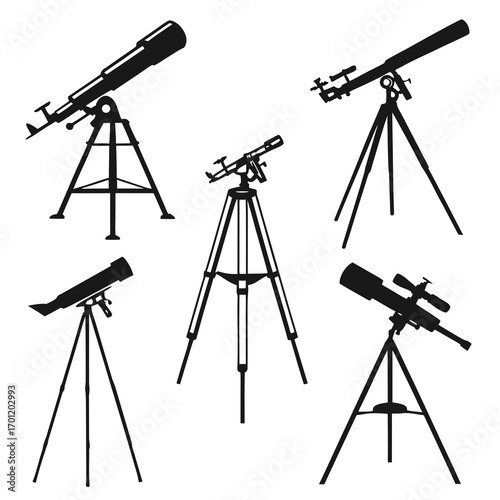 Collection of black silhouette telescopes on tripods representing different astronomical observation instruments and their mounts isolated on a white background
