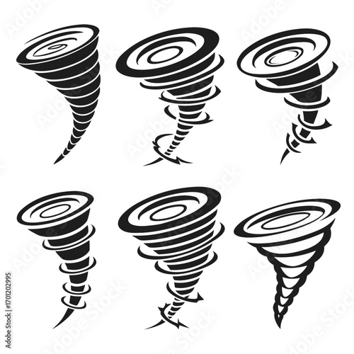 A collection of six stylized black and white tornado icons representing different forms and intensities of swirling wind vortexes against a clean white background