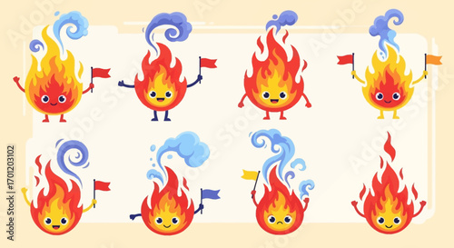 Set of cute cartoon fire flame characters with expressive faces.