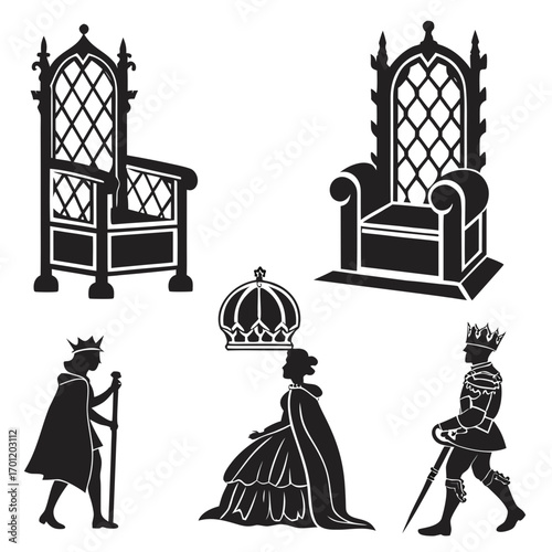 Royal silhouettes of a king and queen with crowns and ornate thrones representing monarchy and power in a classic regal style