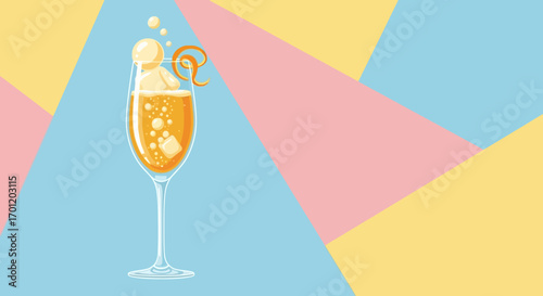 Sparkling orange cocktail in a champagne flute glass illustration.