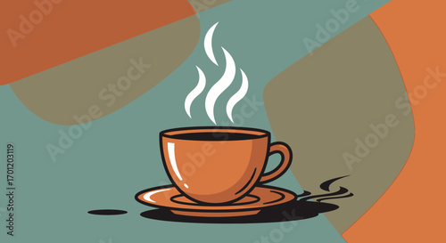 Steaming Hot Coffee Cup on Saucer with Wisps of Steam Rising.