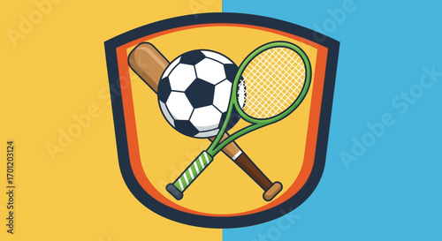 Sports Emblem with Soccer Ball Tennis Racket and Baseball Bat.