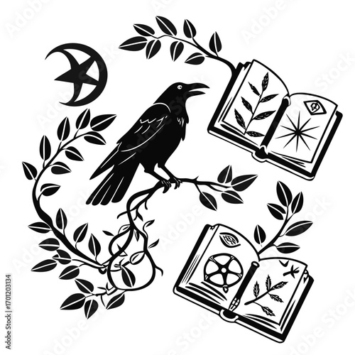 Mystical raven perched on a branch amidst magical books and celestial symbols representing ancient knowledge and occult wisdom in a striking black and white illustration