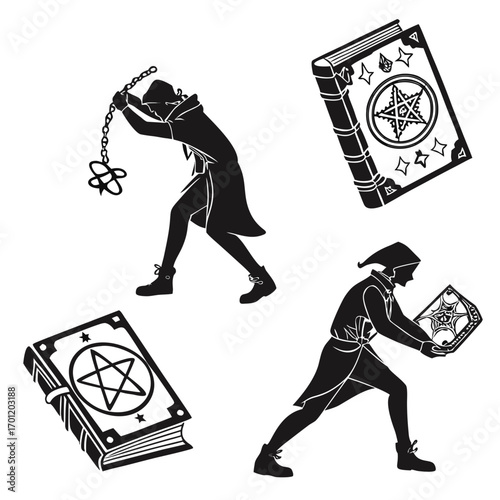 Mysterious figures in cloaks wielding magical artifacts and ancient spellbooks rendered in a striking black and white silhouette style for fantasy and occult themes
