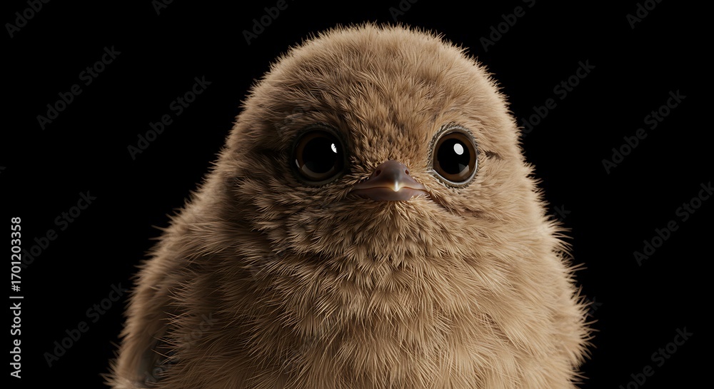 Fototapeta premium Close-up portrait of a fluffy brown baby bird with large, dark eyes against a black background