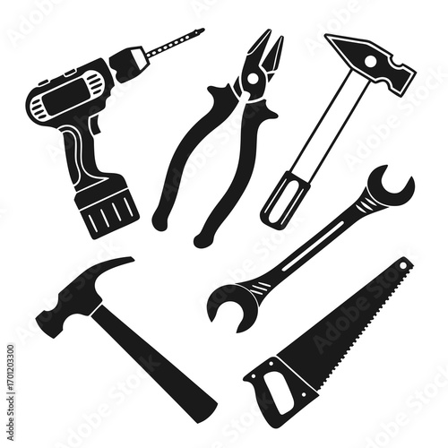 A collection of black silhouette icons representing various hand tools and a power drill isolated on a white background for design use
