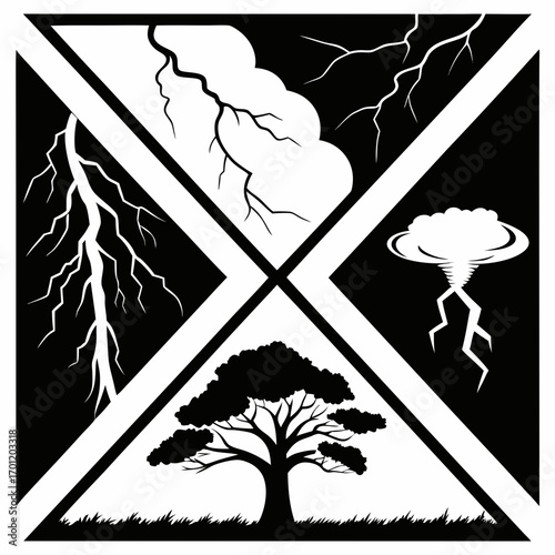 Abstract graphic design depicting the four elements of nature lightning storm clouds a tornado and a solitary tree on a grassy field against a black and white geometric background