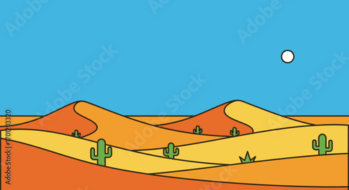 Stylized Desert Landscape with Cacti and Sand Dunes Under a Clear Blue Sky.