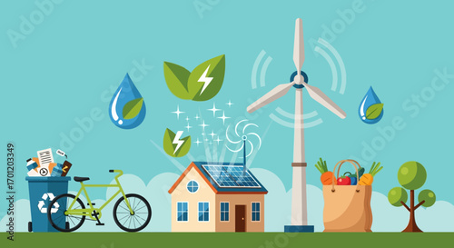 Sustainable living concept with renewable energy and eco friendly lifestyle.