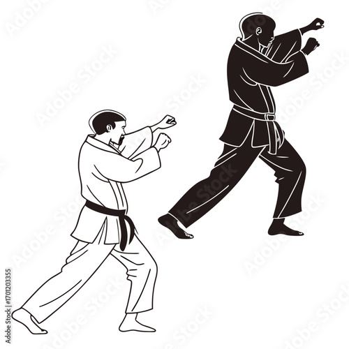 Two martial artists in traditional gis performing karate stances and punches one in silhouette and the other in outline symbolizing combat and discipline