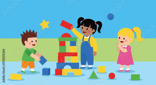 Three diverse children playing together with colorful building blocks.