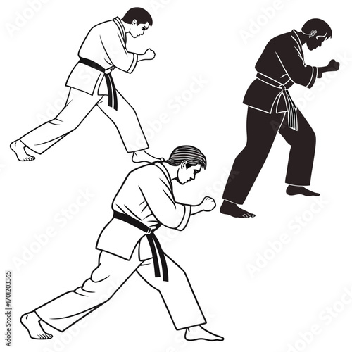 Three martial artists in traditional gi and black belts practicing combat stances and defensive postures in a dynamic illustration