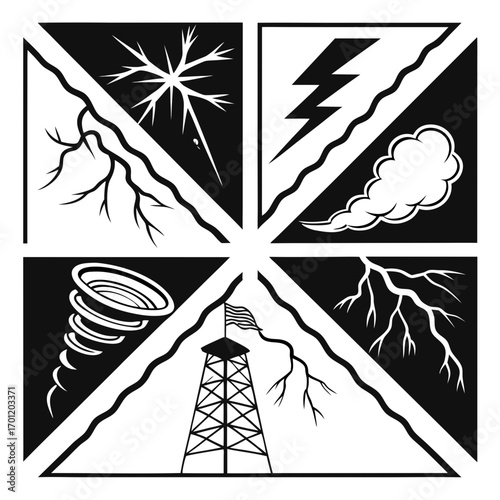 Collage of weather phenomena including ice storm lightning tornado storm cloud and a fire watch tower with american flag representing natural disasters and meteorological events