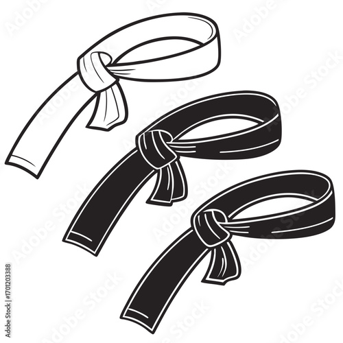 Three martial arts belts tied in knots one white and two black representing different ranks and disciplines in combat sports
